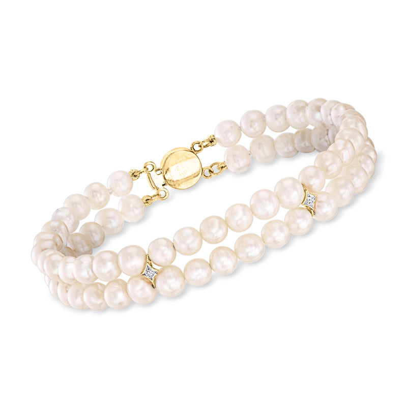 Two-row cultured pearl bracelet with diamond accents, 14kt yellow gold clasp