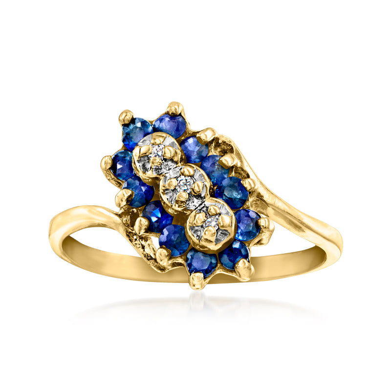 Vintage sapphire and diamond cluster ring in 10kt yellow gold, blue stones and small rounds