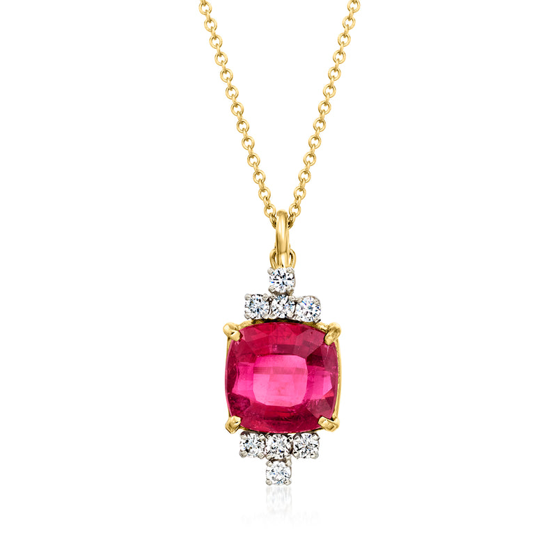 14k yellow gold ruby & diamond cushion-cut pendant necklace