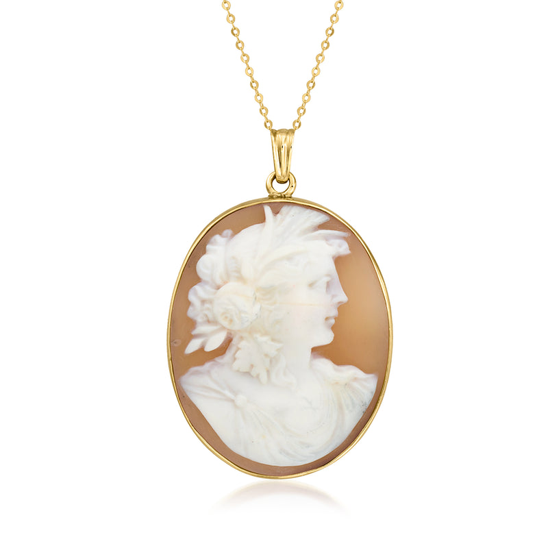10kt yellow gold cameo pendant necklace with oval brown shell and white profile
