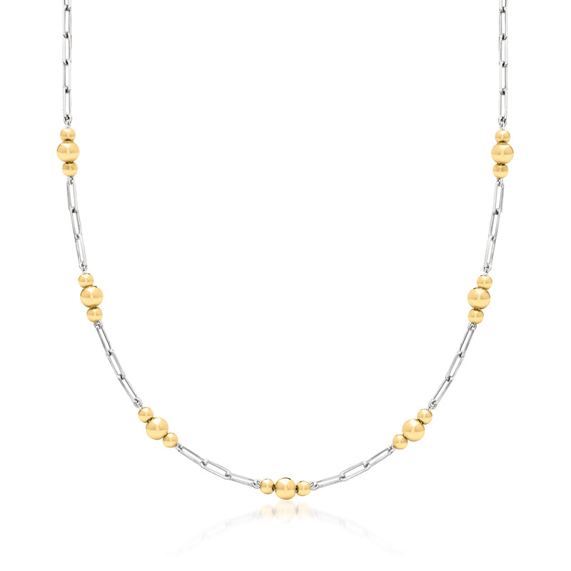 Alternating sterling silver paperclip link and gold bead station necklace