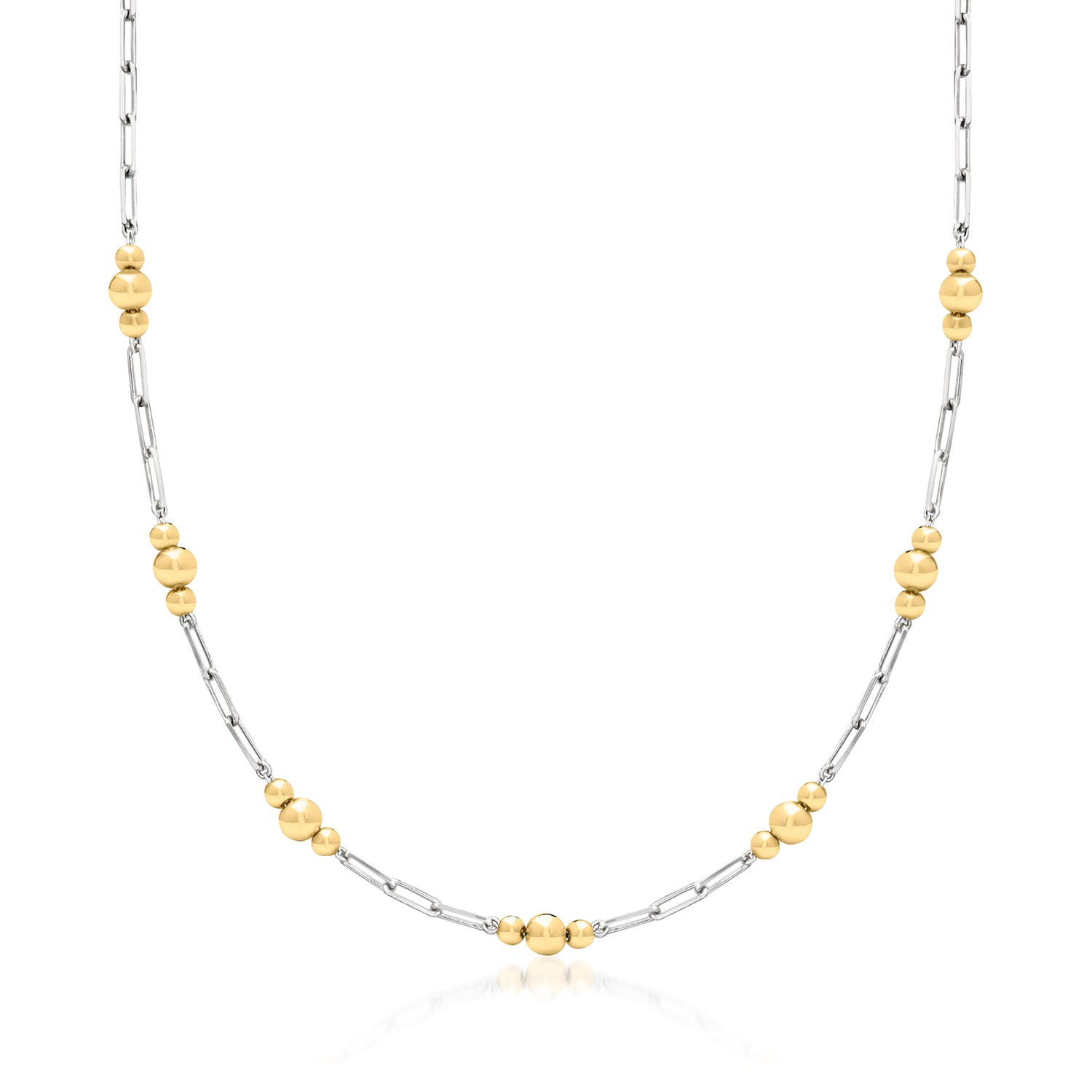 Sterling Silver and 18kt Gold Over Sterling Alternating Paper Clip Link and Bead Station Necklace