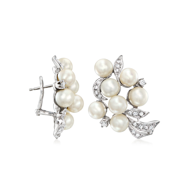 Cultured pearl cluster clip/post earrings with diamond fan and bow details