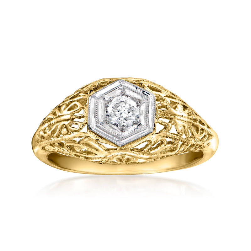Vintage 10kt yellow gold filigree diamond ring with octagonal bezel and halo