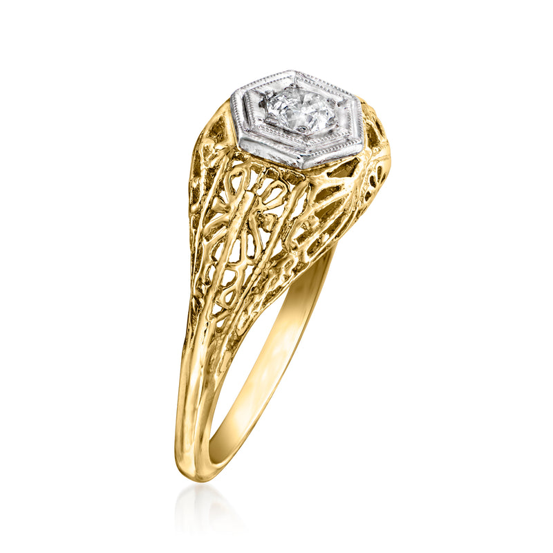 Vintage 10kt yellow gold filigree diamond ring, side profile with octagonal setting