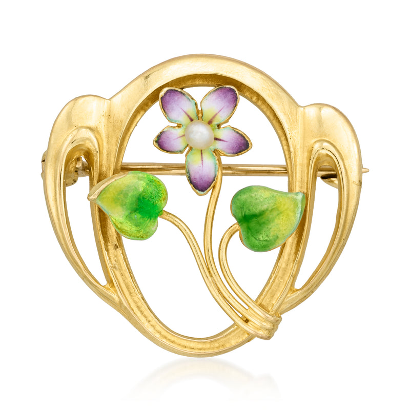 Vintage 10kt yellow gold enamel flower pin with purple petals and white pearl center.