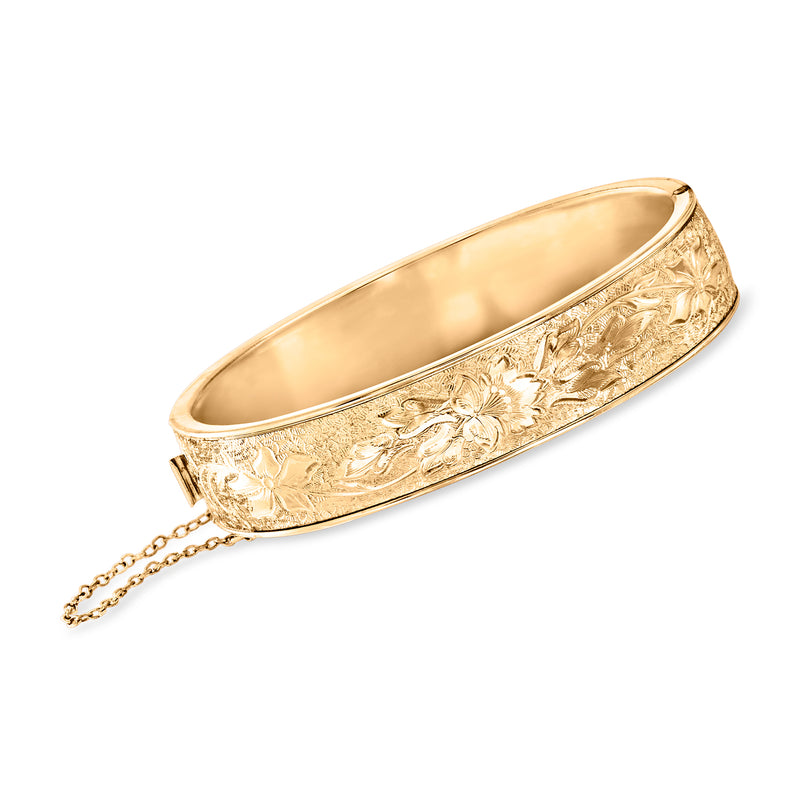 Vintage gold-filled etched floral bangle bracelet with chain extender, gold-tone
