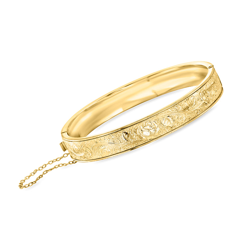 Vintage gold-filled leaf-etched bangle bracelet with hinged clasp and chain pull