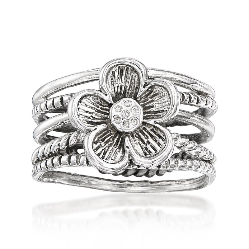 Sterling silver multi-row flower ring with textured petals and central gem