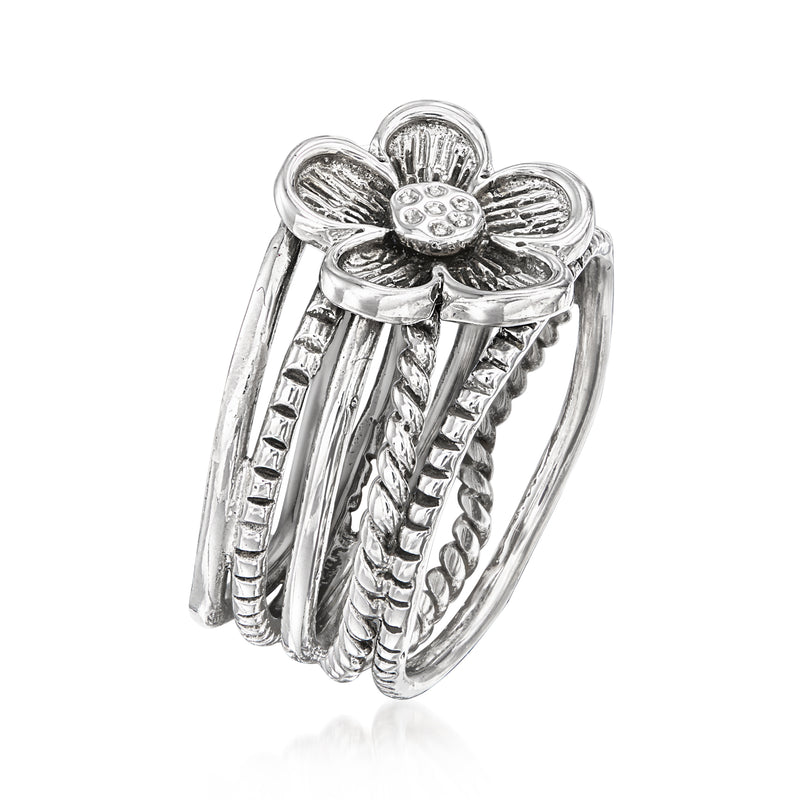 Sterling silver multi-row flower ring, openwork bands with ribbed texture