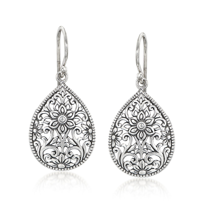 Sterling silver teardrop filigree floral drop earrings with loop earwires