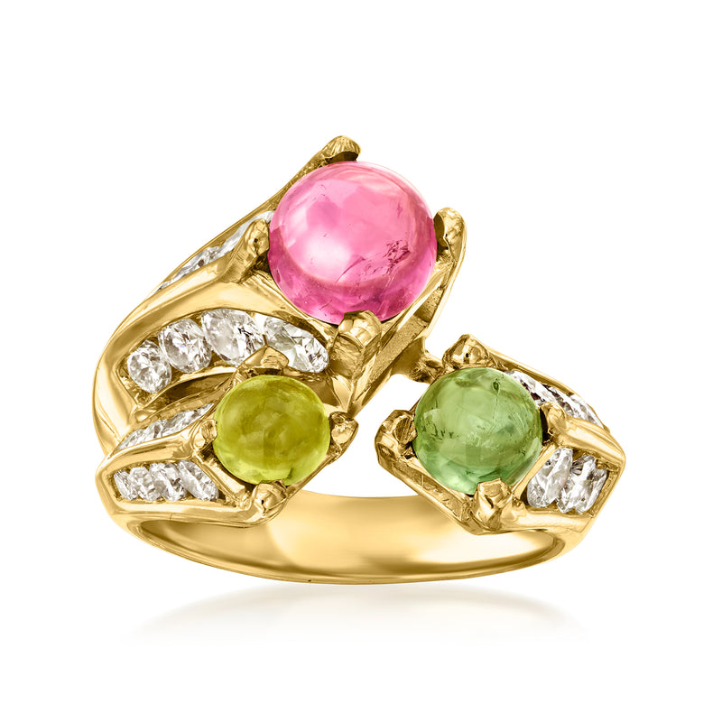 18kt yellow gold bypass ring with pink, green gemstones and diamond accents