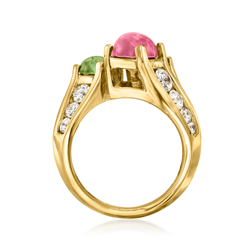 18kt yellow gold ring with pink center gemstone, green side stone, and diamond accents