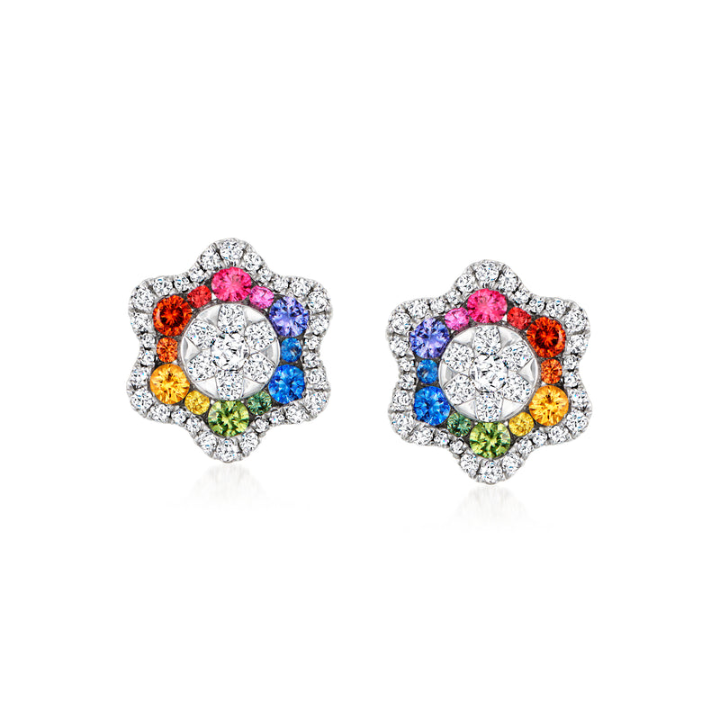 Multicolored sapphire flower stud earrings with diamond halo, 18kt white gold posts