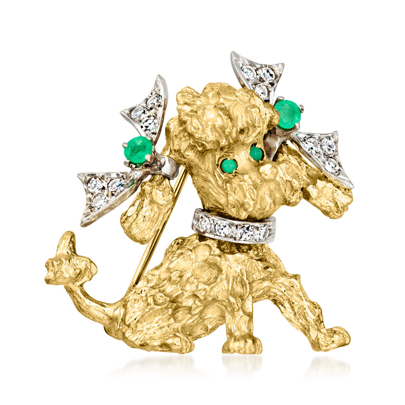 Gold poodle brooch with green emerald and chalcedony accents and diamond-like stones