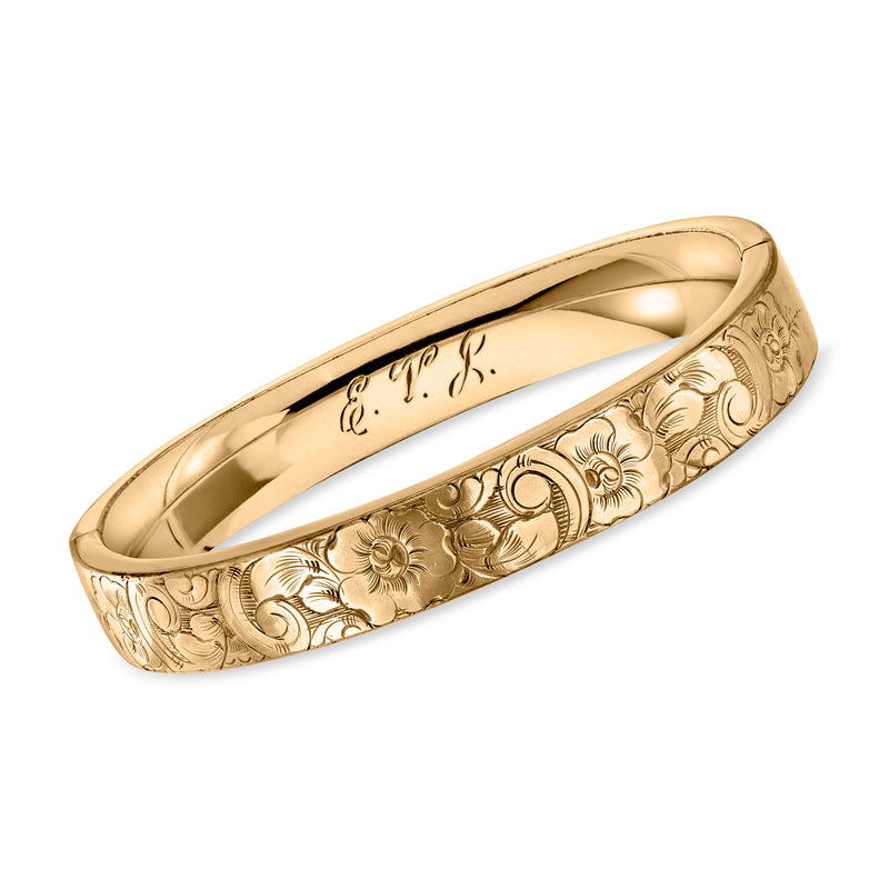 Vintage gold-filled bangle bracelet with etched floral pattern, engraved initials inside