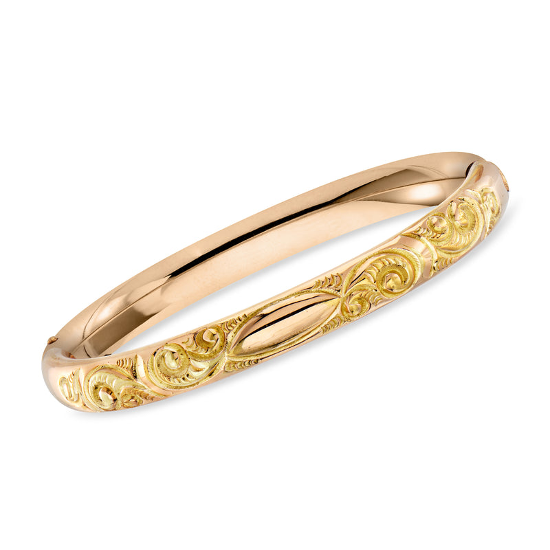 Gold-filled vintage bangle bracelet with etched swirl ornamentation