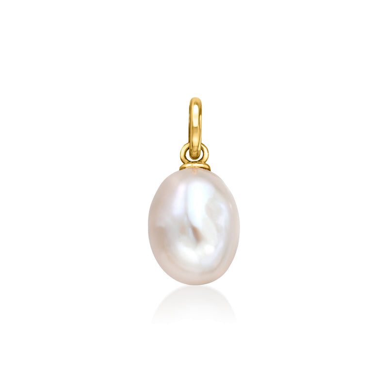 14kt yellow gold oval cultured pearl charm with loop bail, 7–7.5mm pearl