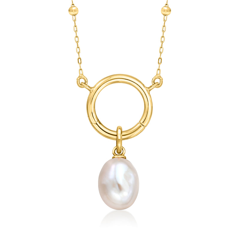 Gold necklace charm with circular ring and 7–7.5mm oval pearl drop