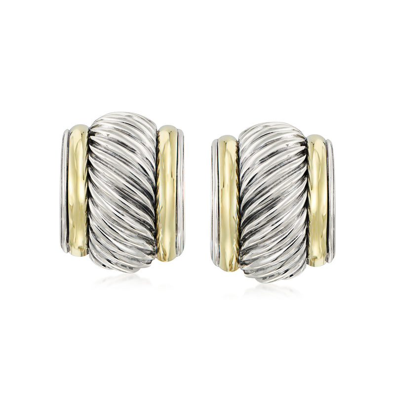 Curved ribbed oval sterling silver earrings with 14kt yellow gold accents, posts