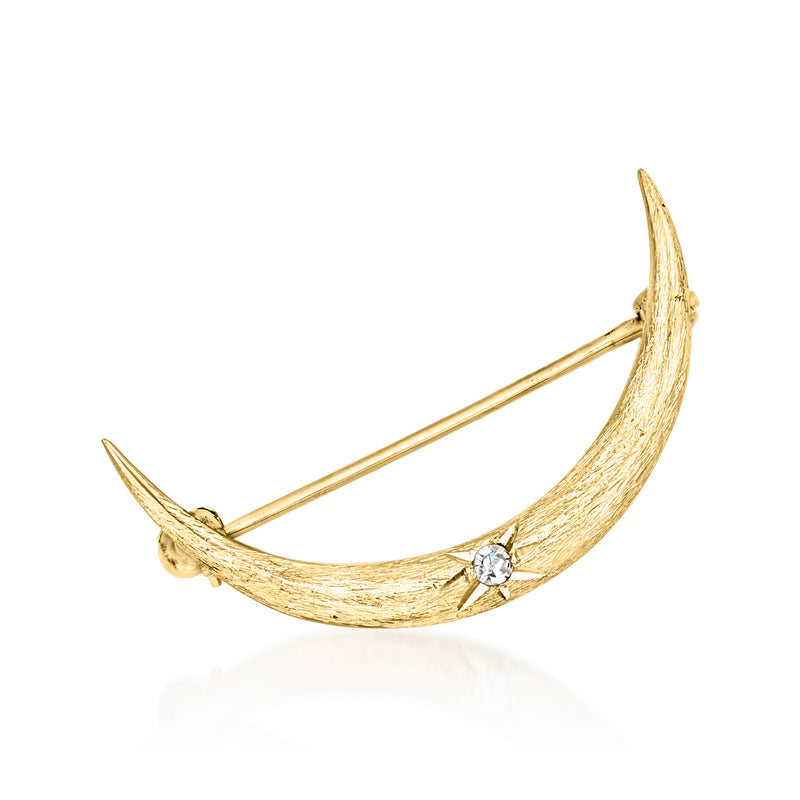 Vintage crescent moon yellow gold pin with a single diamond and bar back
