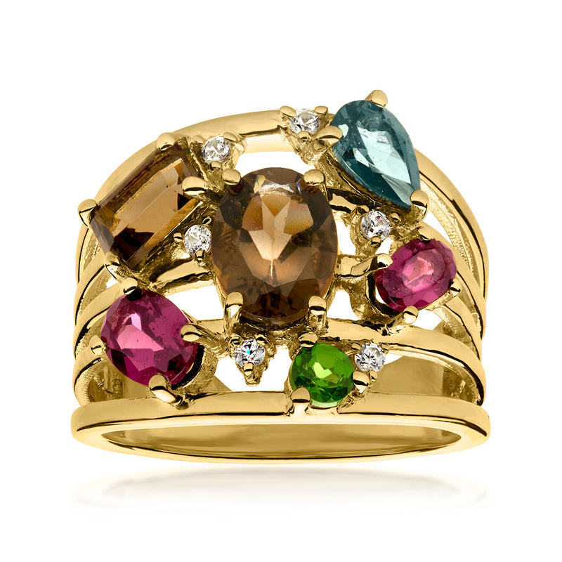 1.20 Carat Smoky Quartz and 2.10 ct. t.w. Multi-Gemstone Ring in 18kt Gold Over Sterling