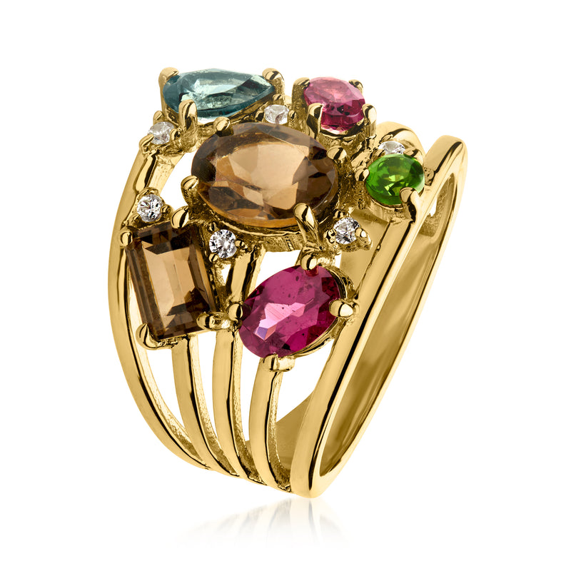 1.20 Carat Smoky Quartz and 2.10 ct. t.w. Multi-Gemstone Ring in 18kt Gold Over Sterling
