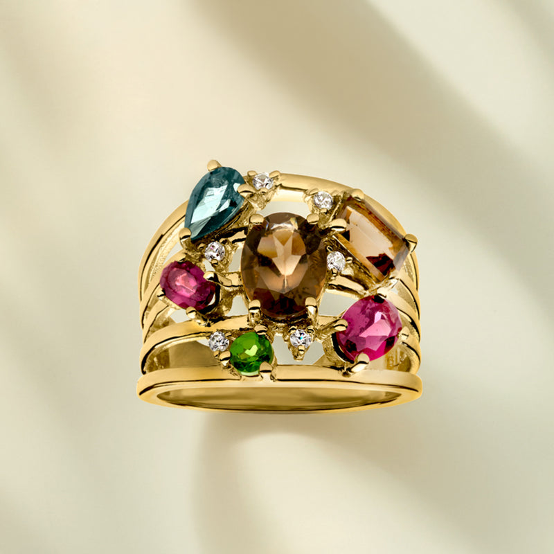 1.20 Carat Smoky Quartz and 2.10 ct. t.w. Multi-Gemstone Ring in 18kt Gold Over Sterling
