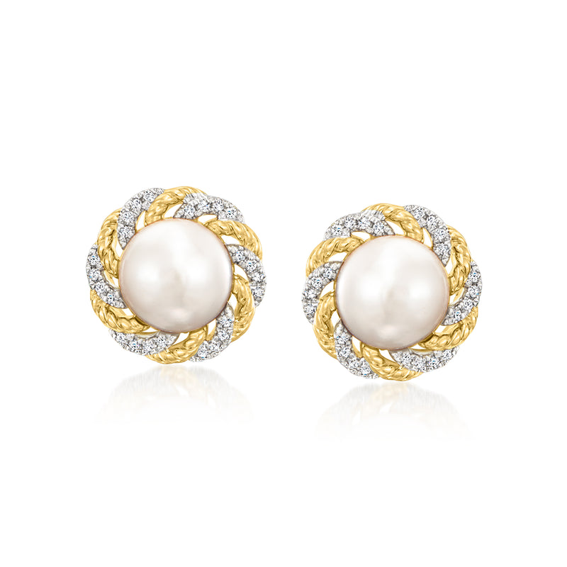 Cultured pearl and diamond stud earrings with 18kt gold over sterling, post backs