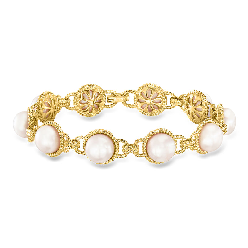 18kt gold over sterling cultured pearl bracelet with round white pearls and floral links