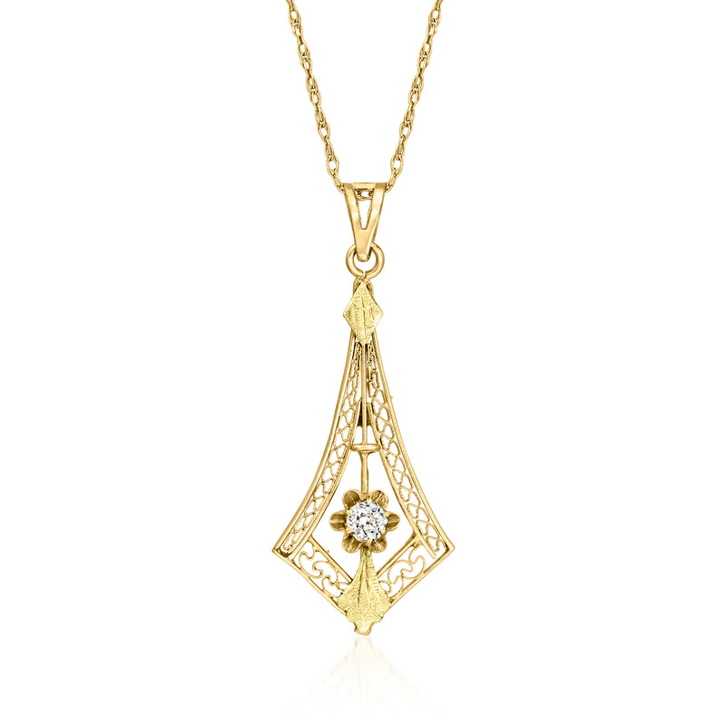 Vintage 14kt yellow gold filigree pendant necklace with small round diamond