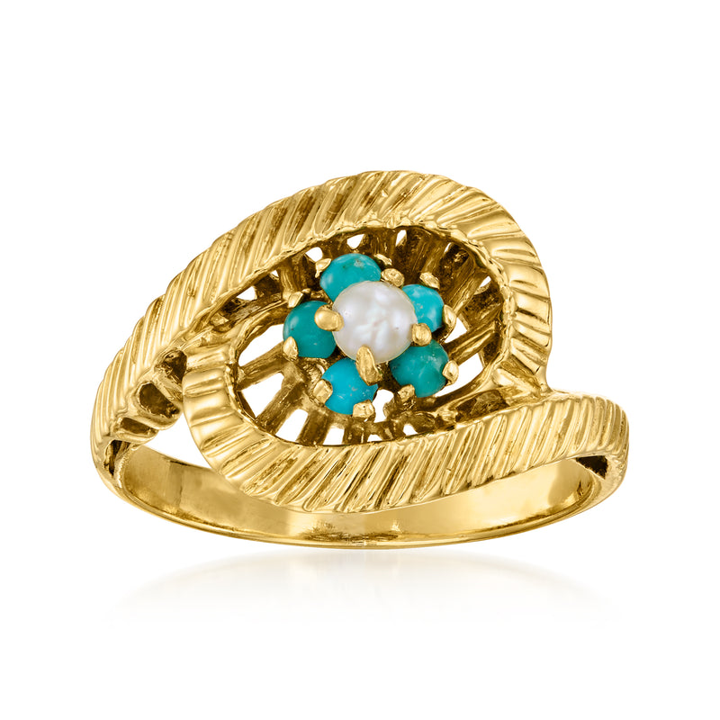 18kt yellow gold swirl ring with white cultured pearl and turquoise bead clusters