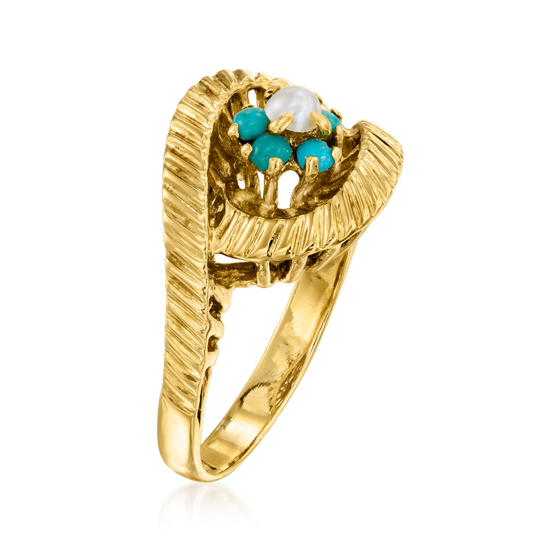 18kt yellow gold swirl ring with turquoise cluster accents and white pearl center