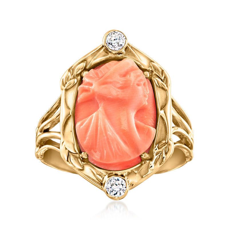 Vintage coral cameo ring in yellow gold with round diamond accents