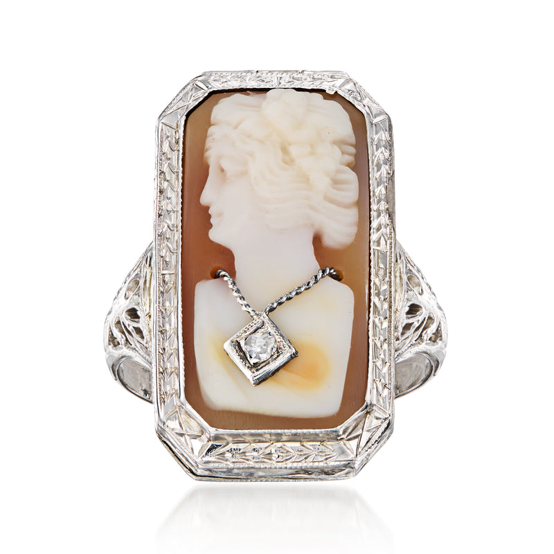 Vintage cameo locket ring in white gold with oval shell scene and single diamond