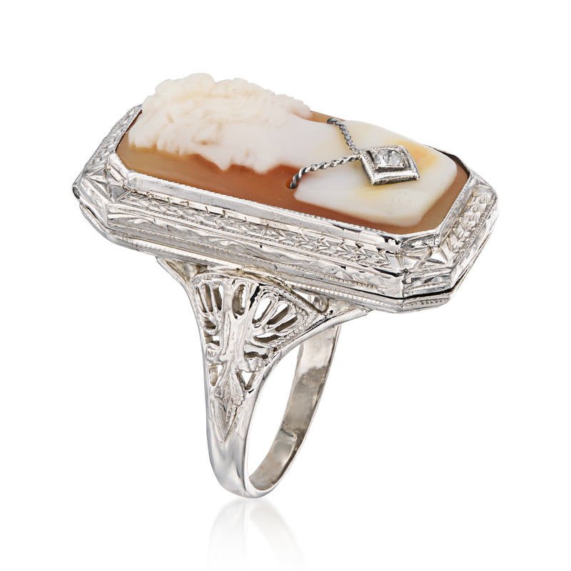 Vintage cameo locket ring with oval shell cameo and openwork white gold band