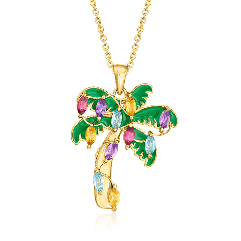 Gold over sterling palm tree pendant necklace with green enamel and multicolor gemstones
