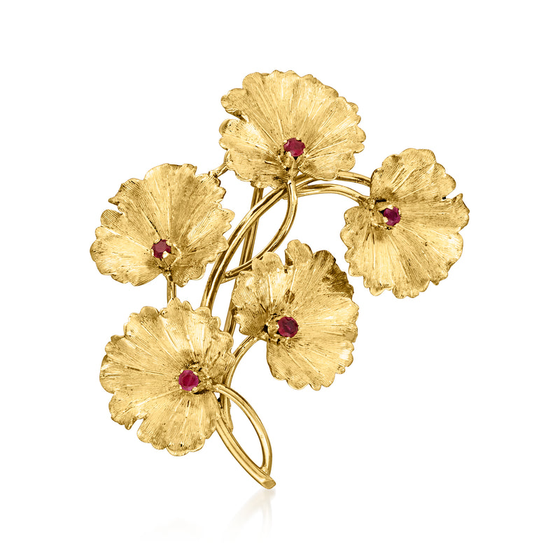 18kt yellow gold floral pin with five leaf-shaped petals and red ruby centers