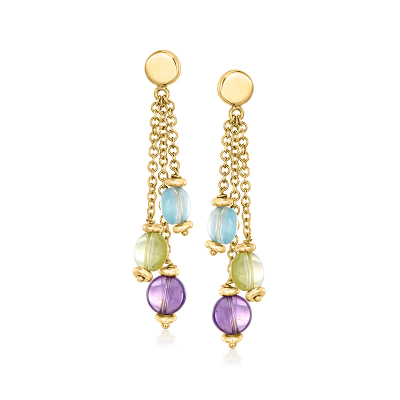 Pair of 18kt yellow gold drop earrings with oval blue, green, and purple bead stones