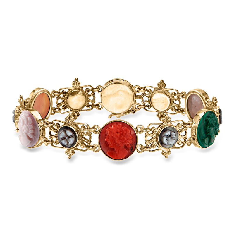 Gold charm bracelet with oval and round cameo settings in pink, red, green, and cream