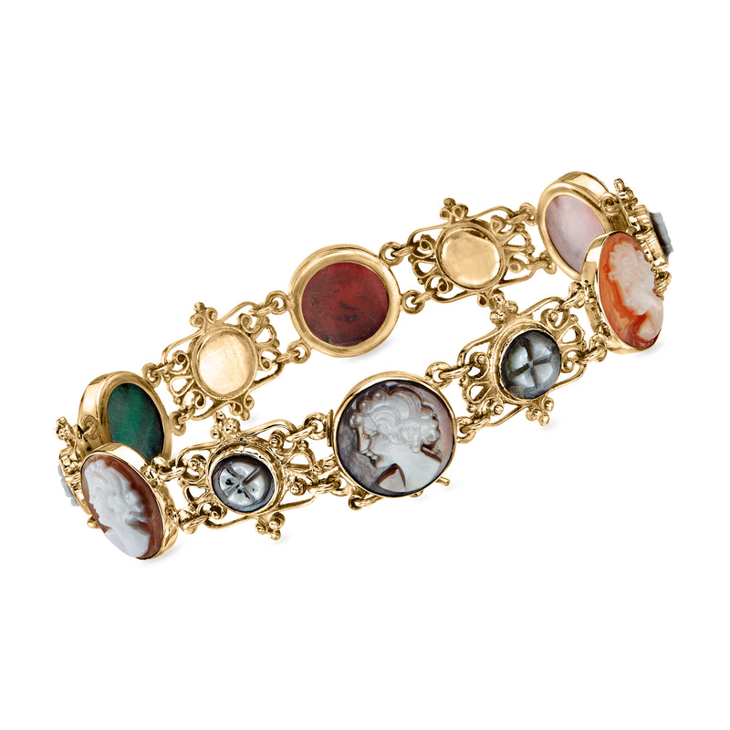 Gold link bracelet with oval and round cameos in red, green, pink, and gray portrait tones