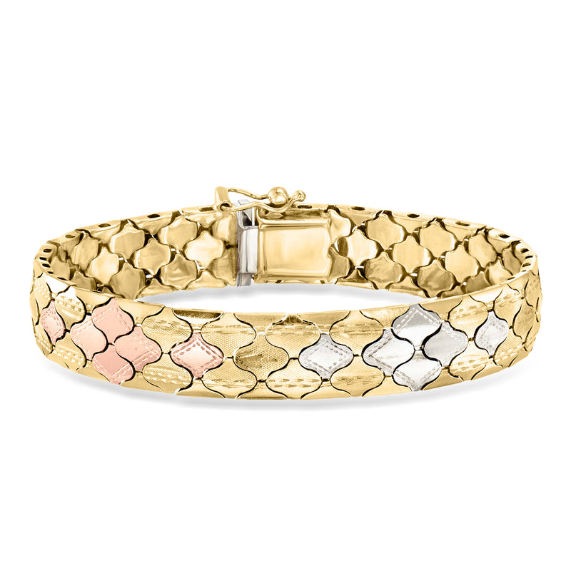 14kt tri-colored gold fancy-link bracelet with square clasp, pink and white links