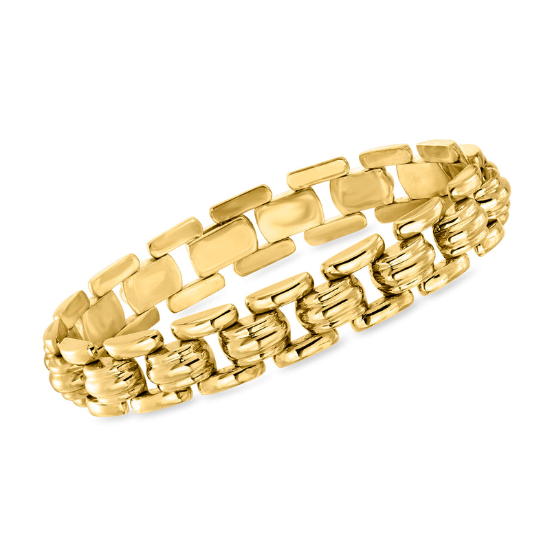 18kt yellow gold fancy-link bracelet with alternating rectangular and ribbed links