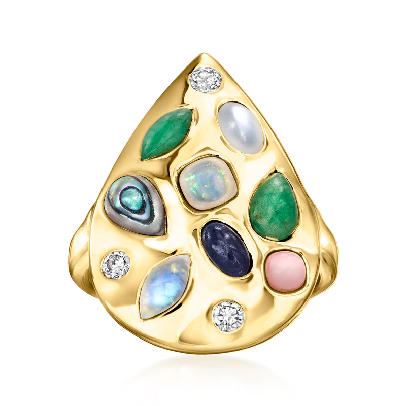 Gold teardrop ring with colorful cabochon stones and round diamond accents