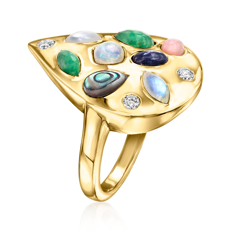 Gold teardrop ring with multicolor inlaid gemstones and round diamond accents, side view