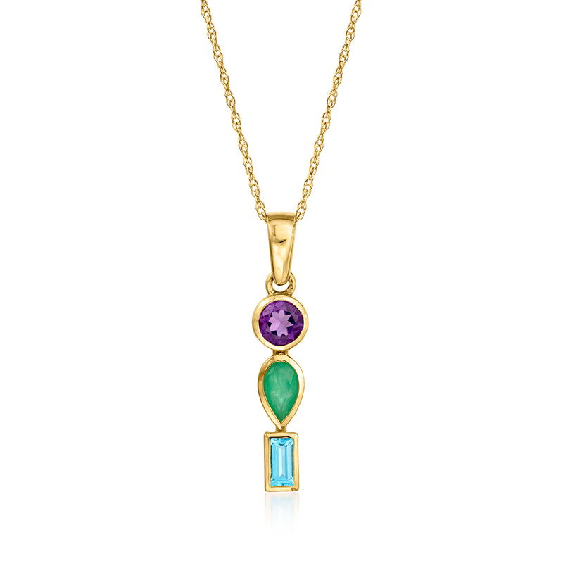 14kt yellow gold stacked pendant necklace with round amethyst, green emerald, and blue topaz