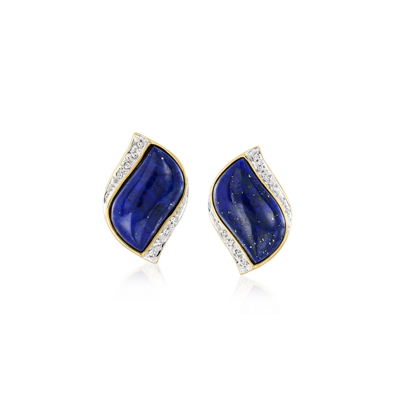 Vintage lapis lazuli and diamond stud earrings in yellow gold with oval halo bezels