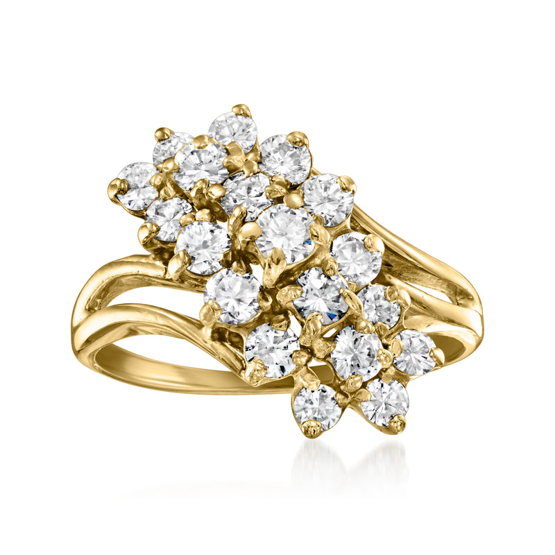 Vintage yellow gold diamond cluster ring with round clear stones, prong-set