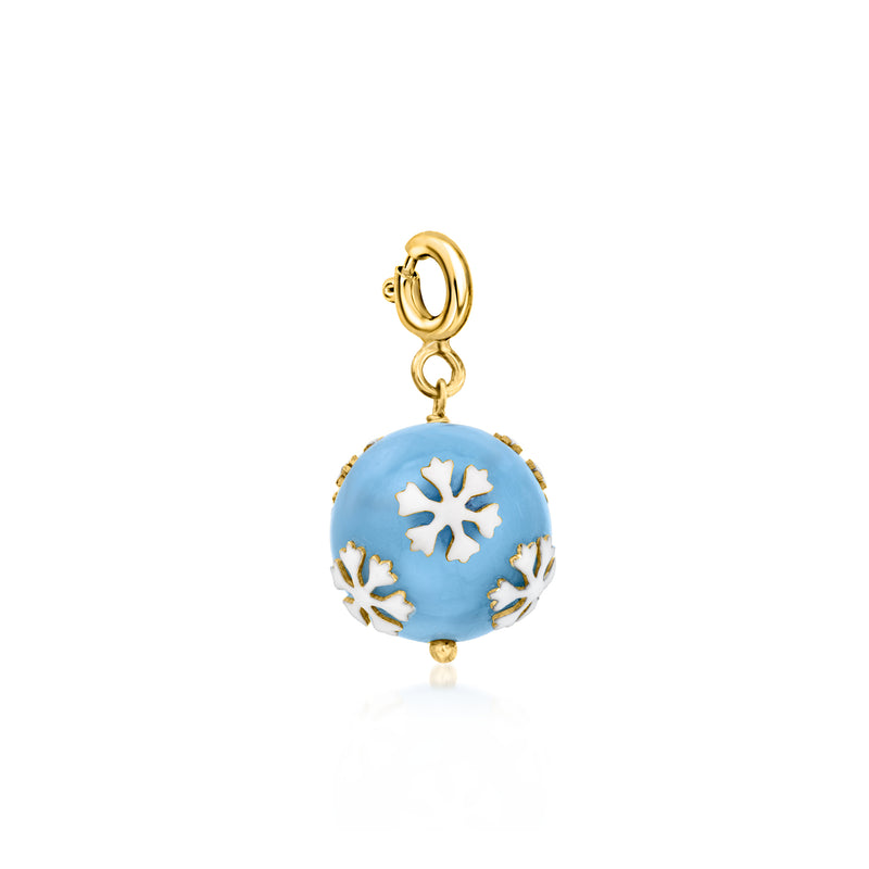 Gold-tone snowflake charm with blue enamel and white enamel snowflakes, hinged bail