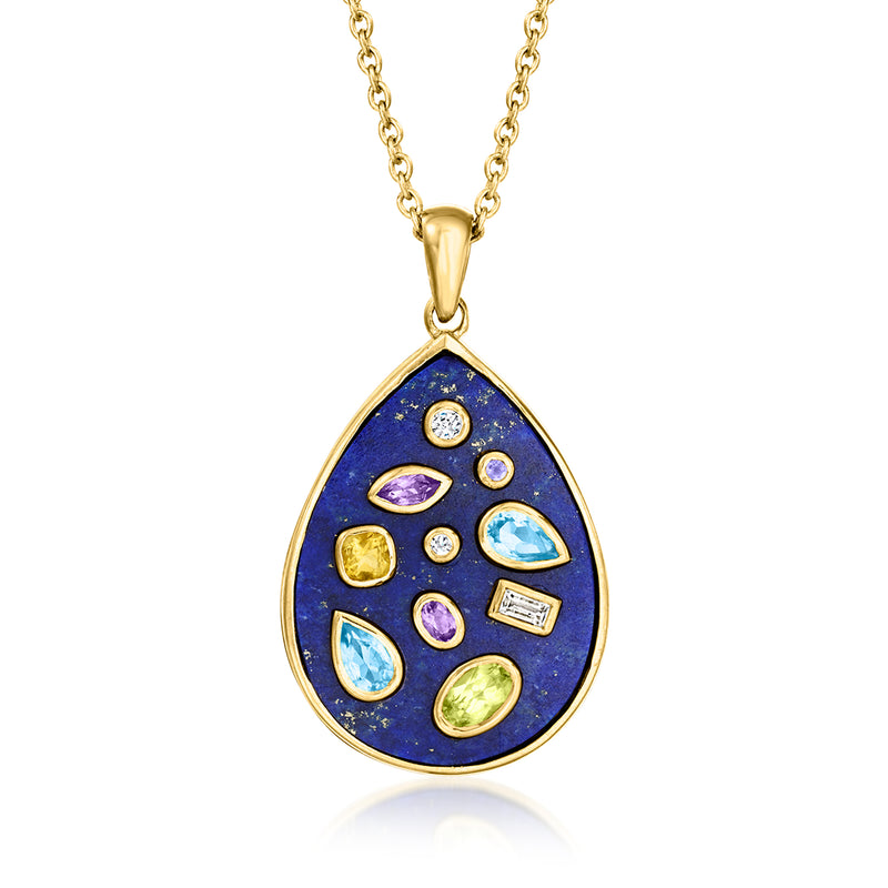 Gold over sterling teardrop pendant necklace with lapis-blue setting and multi-gemstones